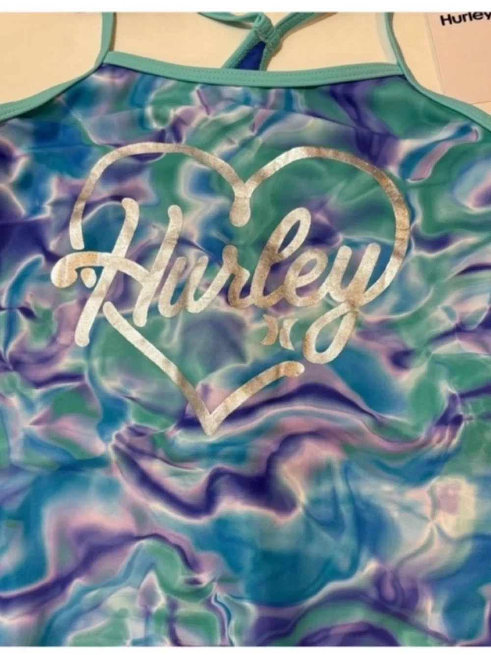 Hurley NEW One Piece Swimsuit Purple Blue Green Girls 10/12 Silver Heart Beach